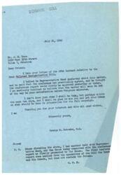 ["The document is from George B. Schwabe to J. E. Deno discussing the Reed Railroad Reorganization Bill. Schwabe mentions that the conference report is likely to be approved soon and assures Deno that he will work to his satisfaction before Congress adjourns. Deno expresses the importance of the bill for himself and his wife's financial security. Schwabe promises to work on the matter and thanks Deno for his interest."]