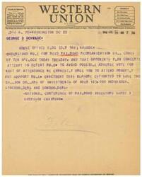 ["The document is a telegram regarding the Reed Railroad Reorganization Bill, urging the recipient to attend a meeting to support the enactment of the bill in order to save billions of dollars of investments for individual stockholders and bondholders. The telegram is from the National Conference of Railroad Investors."]