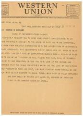 ["The document is a message from A.N. Williams, President of a company, urging George B. Schwabe to consider the negative effects of HR 652, which is related to reciprocal trade agreements. Williams argues that low cost foreign competition will harm American industries and jobs, and asks for protection for small industries. The message is supported by 290 employees of the Fenton Art Glass Co. and emphasizes the importance of fair competition and employment. It also mentions that the quickest, surest, and safest way to send money is by telegraph or cable."]