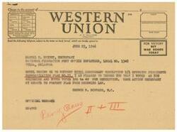 ["The document is a telegram urging support for House Concurrent Resolution 151 opposing President's Reorganization Plan No. II. The sender informs the recipient that they have voted as requested and that the House has voted 166 to 40 for the resolution. The sender urges the recipient to take the same action in the Senate to prevent the plan from becoming law. The telegram is signed by George B. Schwabe, M.C. and sent on behalf of the National Federation Post Office Employees, Local No. 1348."]