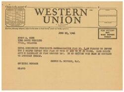 ["The document is about a telegram sent to Congressman George B. Schwabe expressing opposition to a reorganization plan submitted by the President. The sender hopes the Congressman will assist in opposing the measure. The document also includes information on the class of service for telegrams and cablegrams."]