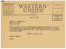 ["The document is a telegram sent from Everett S. Johnson, Jr. to George B. Schwabe, M.C., expressing opposition to the President's Reorganization Plan No. 1. Johnson urges Schwabe to vote against the plan, stating that those in the savings and loan field are opposed to it. Schwabe is informed that the plan was defeated in the House but Senate action is still necessary. The telegram also includes information about the class of service desired for the message to be transmitted."]