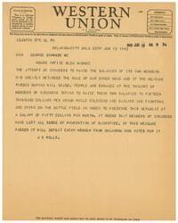 ["The document is about a telegram sent to George Schwabe in Washington, D.C. criticizing Congress for trying to raise their own salaries while soldiers and sailors are fighting for the country at a much lower pay. The sender, JK Wells, expresses outrage at the lack of sacrifice and proportion shown by Congress members and warns that passing this measure will result in defeat for Oklahoma representatives who support it. The document also mentions the benefits of sending money via telegraph or cable."]