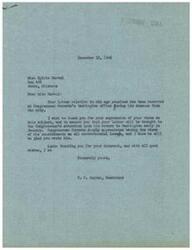 ["Miss Harvey wrote a letter to Congressman Schwabe's office expressing her views on old age pensions. The secretary, V. We Dryden, responded by thanking her for her letter and assuring her that the Congressman will review it when he returns to Washington in January. Dryden also mentioned that Schwabe appreciates hearing from his constituents on controversial issues."]