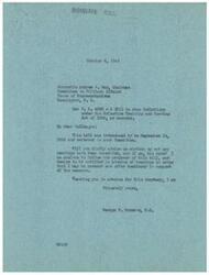 ["George B. Schwabe, a member of the House of Representatives, wrote a letter to Honorable Andrew J. May, Chairman of the Committee on Military Affairs, inquiring about the progress of a bill he introduced to stop inductions under the Selective Training and Service Act of 1940. He requested information on any scheduled hearings and expressed his desire to offer testimony in support of the bill. The bill, H.R. 4063, was introduced on September 14, 1945 and referred to the Committee on Military Affairs."]