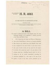 ["The document is a bill introduced in the House of Representatives by Mr. Schwabe of Oklahoma on September 14, 1945. The bill aims to extend retirement benefits to enlisted personnel of the Regular Army that are equal to those of the Navy and Marine Corps. It outlines the criteria for retirement, calculation of retirement pay, and requirements for active duty and physical examinations. The bill was referred to the Committee on Military Affairs for further consideration."]