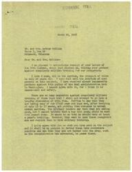 ["The document is from George B. Schwabe, a representative in Washington, responding to Mr. and Mrs. Arthur Collins' protest against compulsory military training for young people. Schwabe agrees with their views and expresses his intention to defend the lads and prevent them from being herded into the Army. The Collins express their concerns about losing their freedoms and advocate for alternative forms of military training, such as ROTC courses in high schools and colleges. They also request Schwabe's assurance that he will prevent the bill from passing quickly without thorough study."]