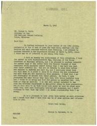 ["The document is from George B. Schwabe, a member of the House of Representatives, to attorney George B. Smith discussing the training and deployment of 17 and 18-year-old boys in the military. The War Department's policy prioritizes older men for combat roles due to the need for infantry replacements. Schwabe expresses disagreement with this policy and shares a letter from the House Committee on Military Affairs explaining the reasoning behind it. The document provides details on the military's training and deployment strategies for young recruits."]