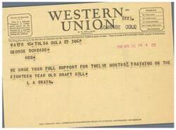 ["This text provides information about Western Union symbols and abbreviations for telegram and cable services, as well as the classification of different types of messages. It also includes a message urging support for a draft bill and encourages feedback from customers regarding the company's services."]