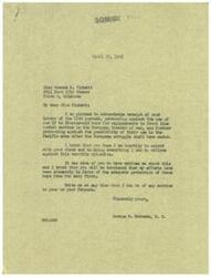 ["Miss Rosena E. Fickett wrote a letter to Congressman George B. Schwabe on April 11, 1945, expressing her concerns about the use of 18 to 20-year-old boys in combat in the European and Pacific theaters of war. She urged Schwabe to ensure that these young boys are given a break before being sent back into combat. Schwabe responded on April 20, 1945, expressing his agreement with Fickett's views and assuring her that he is doing everything he can to protect these boys. Schwabe also encouraged Fickett to reach out to him if she needed any further assistance."]