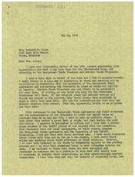 ["The document from Representative  George Schwabe to Mrs. Leonard S. Allen discusses his views on the Reciprocal Trade Agreements and the Bretton Woods Proposals. He expresses his opposition to the pending trade measures, citing concerns about the impact on industries, labor, and farmers. Schwabe emphasizes the importance of Congress reclaiming authority over tariff rates and states his intention to vote against the pending measure. Mrs. Allen had written to Schwabe expressing her concerns about the trade agreements and urging action."]