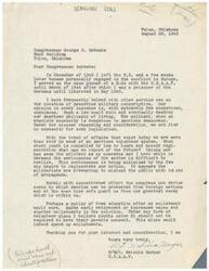 ["The document, written by Staff Sargeant  Malcolm Harper to Congressman George B. Schwabe, expresses opposition to peacetime military conscription. Harper argues that such a law would go against American values and democracy. He believes that an American volunteer system is more beneficial and suggests alternative ways to protect the country from foreign threats. Harper also emphasizes the importance of parental consent for youths under 21 who wish to enlist."]