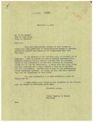 ["The document is a response to Mr. W. E. Boswell's protest against the induction of 18-year-old boys into the Army. The secretary informs Mr. Boswell that a college professor from Oklahoma has also filed a similar protest with Representative George B. Schwabe. Copies of the professor's letter were sent to President Truman and the War Department. The secretary also encloses a copy of Public Law 54 for Mr. Boswell's information. The document will be brought to the attention of Mr. Schwabe upon his return to Washington."]