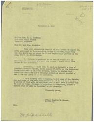 ["A letter was sent to Representative George B. Schwabe requesting that the draft age be raised to 20 and asking for a picture of the ship USS F. C. DAVIS DE-136. The document also expressed sympathy for the loss of their son in the war and requested assistance in obtaining a picture of the ship he was on. The parents believed that the draft age should be raised to 20 and expressed concern about sending younger men to war. They thanked Schwabe for his offer of assistance and hoped for the safe return of his four sons in service."]
