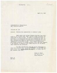 ["This circular from the Commonwealth of Pennsylvania's Selective Service Headquarters requests that high school and college students who have been postponed for induction in June be made available for induction in June or July. It asks for students who have not yet had a preinduction physical examination to be forwarded for one in May, with particular attention to college students who may start a new quarter or semester after their induction is completed. If local boards find that their preinduction call in May is not sufficient to cover all available men, including students, they should notify the State Director so that the call can be increased."]