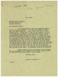 ["Reverend Clark M. Oursler writes to Honorable  George B. Schwabe expressing concern over the treatment of conscientious objectors to military service by Selective Service. Schwabe acknowledges the seriousness of the issue but states that the laws regarding conscientious objectors are unlikely to change in the near future. Oursler urges Schwabe to take action to protect the liberty of conscience for these individuals."]