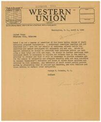["The document is a telegram sent by George B. Schwabe, M.C. to United Press in Oklahoma City, discussing his views on the draft extension proposed legislation. He expresses the need for a fair trial of the volunteer method before supporting an extension of the draft, and suggests modifications to the current system."]