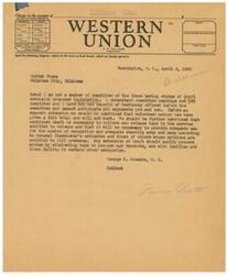 ["The document is a telegram sent by Representative George Schwabe regarding draft extension legislation. He expresses the need for a fair trial of the volunteer method before supporting an extension of the draft. He also mentions the importance of providing adequate men for the military according to General Eisenhower's estimates. The telegram is addressed to the United Press in Oklahoma City, requesting a reply from all Oklahoma congressmen regarding the draft extension."]