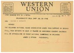 ["The document is a telegram urging support for the Brooks Bill from the Oklahoma National Guard Association to George B Schwabe in Washington DC. The association asks for the bill to be placed on the unanimous consent calendar."]