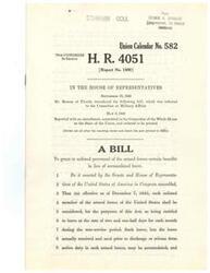 ["The document is a bill introduced by Congressman George B. Schwabe in 1945 to grant enlisted personnel of the armed forces certain benefits in lieu of accumulated leave. The bill outlines the eligibility criteria, calculation of payments, and procedures for making lump-sum payments to survivors in case of a member's death. It also addresses the exemption of payments from taxation and claims of creditors."]