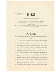 ["The document is a bill introduced in the Senate by Mr. Chavez on January 29, 1945, to provide for the promotion of American prisoners of war who were serving in specific areas during World War II. The bill specifies that certain officers and enlisted men who were captured and held as prisoners of war will be advanced in rank. It also ensures that those who received special pay for their service will continue to receive it while in captivity."]