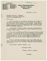["The document is a letter from Frank W. Boykin, Chairman of the Committee on Patents, to Honorable Hatton W. Summers discussing a bill, H.R. 97, that aims to amend existing laws against unlawful restraints and monopolies. The bill proposes changes related to United States courts certifying patent cases to the Attorney General, compulsory licenses under patents, and the ability for individuals to challenge the validity or scope of patents. Boykin expresses concerns about the potential complexities and uncertainties that the bill may introduce in the administration of patent laws. He highlights the work of the Patent Planning Commission in studying the operation of the patent system and suggests that the proposed method in the bill may not align with American jurisprudence."]