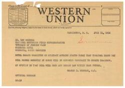 ["A telegram is being sent to Mr. Lon Grissom regarding the Senate Committee on Military Affairs stating that the terminal leave pay bill passed by the House will be reported favorably to the Senate. The sender, George B. Schwabe, believes the bill will pass and become law in the near future. Mr. Grissom is being asked for his opinion on the bill's passage as a war veteran. The telegram is being sent using the Western Union service."]