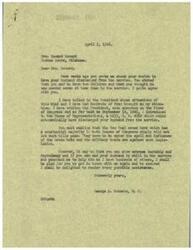 ["Mrs. Bovard wrote to Congressman Schwabe requesting her husband be discharged from the service so he could be home with their two children. Schwabe had introduced a bill in Congress to automatically discharge servicemen in similar situations, but it was being blocked by the majority. He encouraged Mrs. Bovard to show extreme hardship and dependency to possibly get her husband discharged, and offered his assistance. Mrs. Bovard reiterated her desire for her husband to come home in her response to Schwabe."]