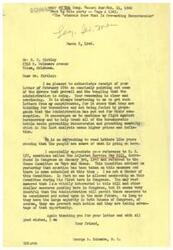 ["The document consists of two letters, one from Mr. Kirkley to Representative  George B. Schwabe expressing frustration with the lack of action on Bill H. R. 127 and the issues with reconversion and inflation. Mr. Kirkley urges for a focus on production and competition to address these problems. Representative  Schwabe responds, acknowledging the concerns and expressing his own frustration with the Administration's handling of bureaucratic bottlenecks and preventing reconversion. He reassures Mr. Kirkley of his support for similar measures in Congress. Both letters highlight the need for action to address economic issues and support for veterans."]