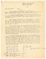 ["A group of G.I.s stationed at the Roswell Army Air Field are expressing their frustration with being kept in the army despite being eligible for discharge as surplus personnel. They believe they are being retained to maintain the army's size and influence public opinion. They argue that peace should be achieved through preparation for peace, not war, and criticize the army for outdated practices. They question the need for a large army and suggest that those who support it should take their place. The document is signed by several G.I.s with 39-41 months of service."]
