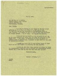 ["Mr. and Mrs. Shaffer wrote to Honorable  George Schwabe expressing their support for several bills benefiting service men, including full pension for disabled service members and terminal leave pay for enlisted personnel. They also opposed a bill to suspend the restricted immigration law. Schwabe responded, stating he may not support the bill introduced by Senator Maybank but will consider the other bills and hopes his vote will meet with their approval. He enclosed printed copies of the bills for their reference."]