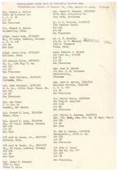 ["A mimeographed reply was sent to multiple service men with their names and addresses listed. The reply included a list of names and addresses of various individuals in the military, primarily from Oklahoma, New York, and San Francisco. The document is a list of names and addresses of service members and their units for communication purposes."]