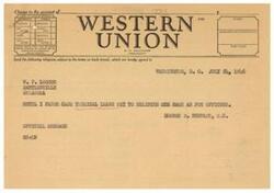 ["The document is a message being sent as a telegram from George B. Schwabe to W. F. Logue in Bartlesville, Oklahoma. The message discusses the issue of cash terminal leave pay for enlisted men being the same as for officers, and mentions Schwabe's military service as an enlisted man. The message is being sent as a Western Union telegram and the class of service desired is indicated as \"1201\". The document also includes information about filing times for telegrams and day letters."]