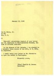 ["The document acknowledges receipt of a request for copies of a bill, H.R. 4206, related to federal estate tax on estates of members of the armed forces who died during the war. The sender expresses interest in supporting the bill and requests the copies for that purpose. The document states that the copies will be provided and brought to the attention of Representative Schwabe upon his return to Washington."]