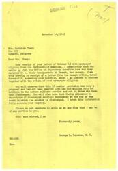 ["Mrs. Gertrude Tharp wrote to Honorable  George B. Schwabe asking about a newspaper clipping regarding family allowance for soldiers' dependents. Mr. Schwabe contacted the Office of Dependency Benefits, who informed him that the proposed 18-month provision for family allowance only applies to soldiers in active military service, not those who have been discharged. Family allowance for discharged soldiers' dependents ends at the end of the month of discharge. The information was relayed back to Mrs. Tharp by Mr. Schwabe. Brigadier General L.H. Sims also responded to Mrs. Tharp, confirming the details of the family allowance provisions for soldiers and their dependents."]