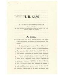["The document is a bill introduced in the House of Representatives in 1946 by Mr. Hays to amend section 5155 of the Revised Statutes regarding the establishment of branches by national banking associations. The bill outlines the conditions under which national banks can establish new branches within their city, town, or village, or within their state, with approval from the Comptroller of the Currency. It also allows for the establishment of seasonal agencies in resort communities and sets out considerations for the approval of branch establishments by national banking associations."]