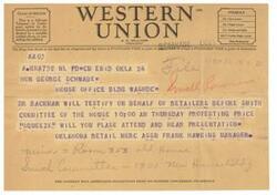 ["The document is a telegram regarding a meeting where Backman will testify on behalf of retailers before the Smith Committee regarding price squeezing. The sender is requesting the recipient to attend the meeting and hear the presentation. The company also asks for feedback from its patrons regarding its service."]