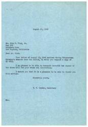 ["The document is a response to a request for a copy of HR 4682 by Mr. John C. Hind, Jr. The secretary, V.W. Dryden, says they are pleased to provide two copies of the bill for his study and information. The document also mentions Congressman Schwabe's absence from the office and assures Mr. Hind that it is a pleasure to provide this service."]
