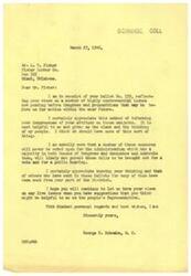 ["A letter from George B. Schwabe to Mr. A.V. Fisher thanking him for his ballot reflecting his views on various issues before Congress. Schwabe appreciates the input from constituents and values their opinions. He believes that some measures may not be voted upon due to the Administration's control of Congress. Schwabe encourages Fisher to continue sending his views on important issues. The ballot from Fisher shows his opinions on certain measures and suggestions for Congress."]