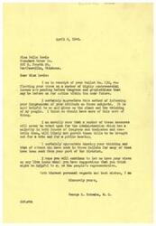 ["The document is a letter from Congressman George B. Schwabe to Miss Belle Lewis, thanking her for submitting her opinions on various issues pending before Congress through a ballot. The Congressman appreciates the input from his constituents and expresses doubt that some measures will be voted on due to the Administration's control. He encourages Miss Lewis to continue sharing her views on important issues."]