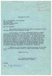 ["Mr. Thompson, a veteran and small business owner, wrote to Congressman Schwabe in Washington, D.C. suggesting a change in the policy of the War Assets Administration regarding veteran certification for purchasing government surplus property. He believes that veterans should only need to benefit 51% from the business, rather than have 51% invested. He and his brother, both veterans, are unable to purchase surplus equipment because they do not meet the current investment requirement. Mr. Thompson hopes for a more favorable policy for veterans in this matter."]