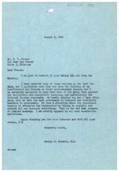 ["The document is a letter from George B. Schwabe, a congressman, thanking Mr. R. C. Steve for his ballot expressing opposition to socialist and communist measures, particularly National Housing proposals. Schwabe believes there is too much government involvement in business and not enough business in government. He appreciates the input from constituents and friends on controversial issues."]