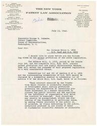 ["The document is a letter from the President of the New York Patent Law Association to Honorable George B. Schwabe discussing objections to the patent provisions of science bills S. 1850, H.R. 6448, and H.R. 6672. The document argues that the current patent provisions would hinder the purpose of the legislation and suggests replacing them with provisions similar to those in the Mills Bill, H.R. 6448. The document emphasizes the importance of maintaining incentives for research through patent rights and highlights objections from the Secretary of War and Acting Secretary of the Navy to the current patent provisions."]