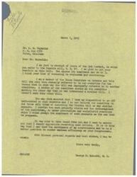 ["The document consists of a series of letters discussing the Voorhees Bill (H.R. 97) which is being debated in Congress. The bill is opposed by various individuals, including Congressman George B. Schwabe, due to its provisions that would give the government power to intervene in private patent suits, mandate compulsory licensing of patents, and allow for the cancellation of patents. The documents express concerns about the potential negative impact of the bill on property rights, innovation, and research. Schwabe reassures constituents that he and his committee are not in favor of the bill and will carefully consider all aspects before making a decision. The documents highlight the importance of constituent feedback in informing legislative decisions."]