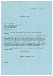 ["The document is a letter from George B. Schwabe in response to receiving a ballot from Luther Riggs. Schwabe expresses his opposition to socialistic and communistic measures, particularly the O.P.A. He believes there is too much government involvement in business and not enough business involvement in government. Schwabe thanks Riggs for his interest and good wishes."]