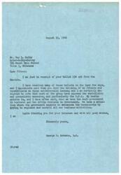 ["The document from George B. Schwabe expresses gratitude for receiving a ballot from Roy L. Selby, showing opposition to socialistic and communistic measures such as the O.P.A. Schwabe believes there is too much government involvement in business. The document also mentions other measures and the importance of constituents voicing their opinions."]