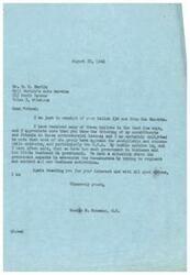 ["The document from George B. Schwabe, M.C. thanks Mr. M. H. Martin for sending in Ballot 134, expressing opposition to socialistic and communistic measures, particularly the O.P.A. Schwabe believes there is too much government involvement in business and not enough business involvement in government. The document expresses gratitude for constituents and friends who have shared their opinions on controversial issues."]