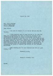 ["The document is a letter from Congressman George B. Schwabe to Mrs. Coral Aldridge, thanking her for her interest in political issues and expressing his opposition to socialistic and communistic measures, particularly the OPA. Congressman Schwabe believes there is too much government involvement in business and not enough business involvement in government. Mrs. Aldridge sent a ballot expressing her opinions on various measures, and Congressman Schwabe appreciates her input."]