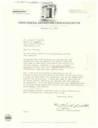 ["The State Federal Savings and Loan Association in Tulsa, Oklahoma, sent a letter to Congressman George B. Schwabe expressing their support and congratulations on his recent re-election. They also requested his consideration on seven questions of national interest and expressed their willingness to communicate with him on matters affecting their industry in the future. The document was signed by J. L. Coffman, the Executive Vice President of the association."]