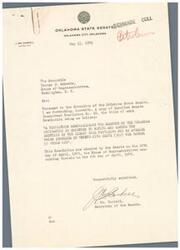 ["The document is a letter from the Secretary of the Oklahoma State Senate to George B. Schwabe, a member of the House of Representatives in Washington, D.C. The document forwards a copy of a resolution passed by the Senate and House of Representatives in Oklahoma, urging the Oklahoma delegation in Congress to revive and secure the adoption of the Disney Bill, which would increase the price of crude oil by thirty-five cents per barrel to generate additional revenue for the state. The resolution highlights the benefits of the price increase for the state's government, public school system, highway construction, and public health programs. It also emphasizes the importance of maintaining competition in the petroleum industry. The document requests that a copy of the resolution be sent to each member of the Oklahoma delegation in Congress."]